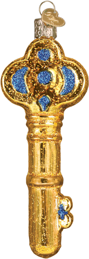 Golden Blue Ornate Key Ornament PNG Image