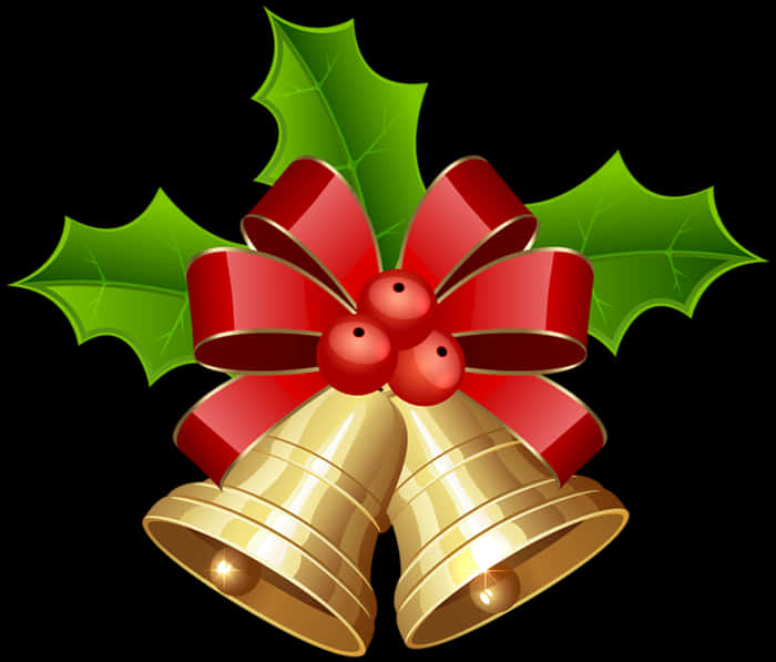 Golden Christmas Bells With Red Bow PNG Image