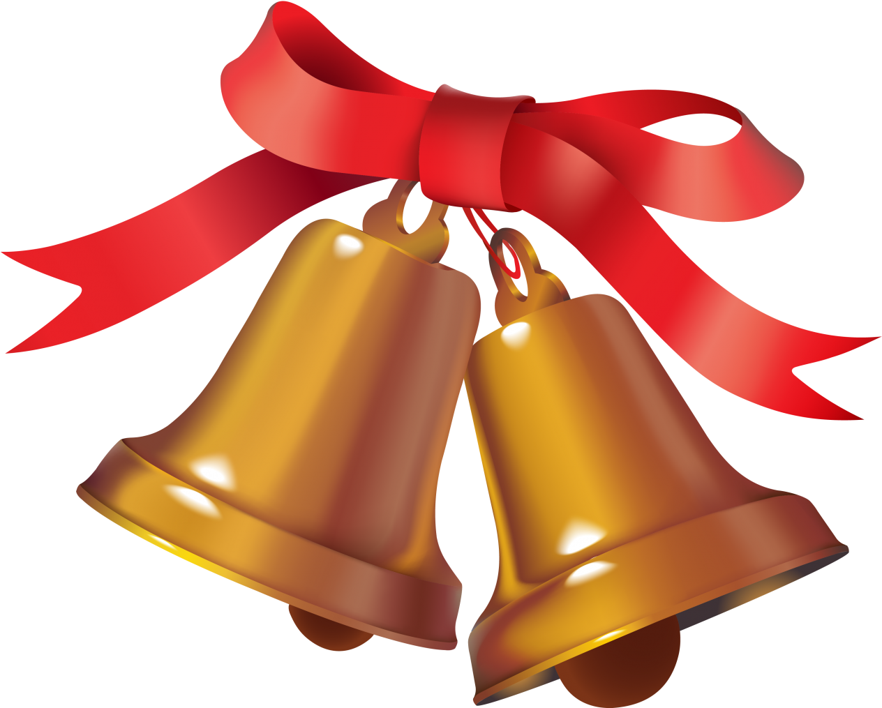 Golden Christmas Bellswith Red Ribbon PNG Image