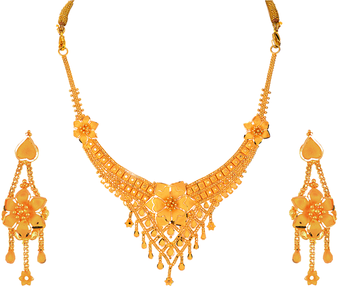 Golden Floral Choker Necklace Set PNG Image