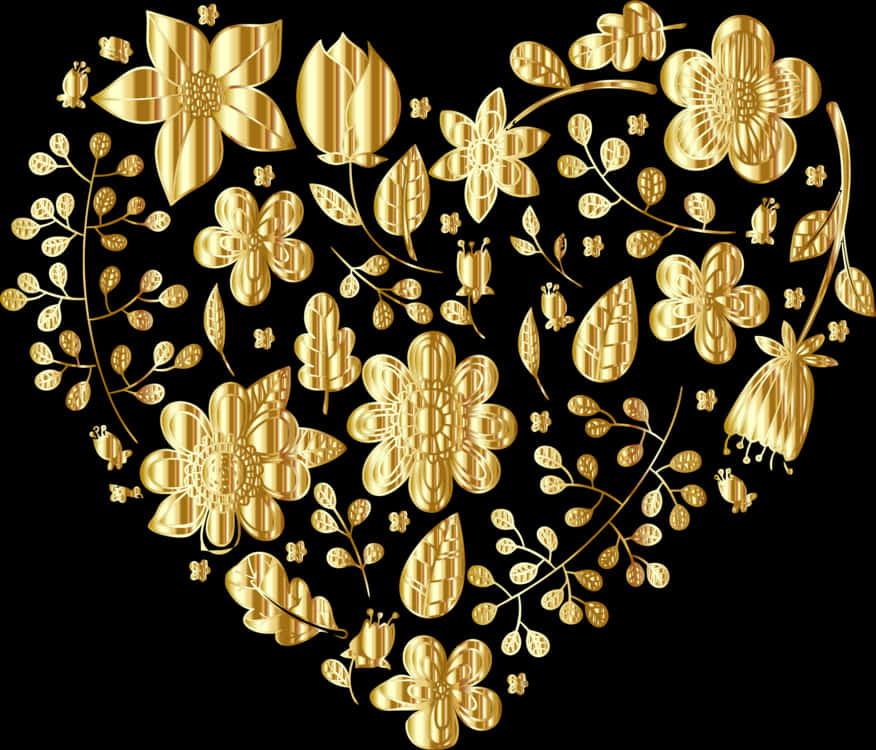 Golden Floral Design Black Background PNG Image