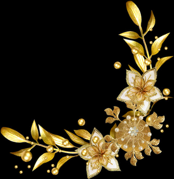 Golden Floral Designon Black Background PNG Image