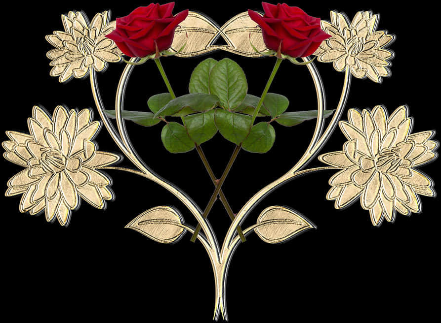 Golden Floral Designwith Red Rose PNG Image