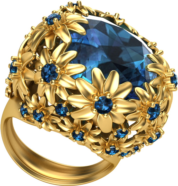 Golden Floral Sapphire Ring3 D Render PNG Image