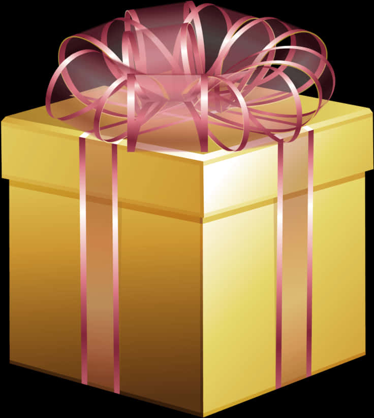 Golden Gift Box Pink Ribbon PNG Image