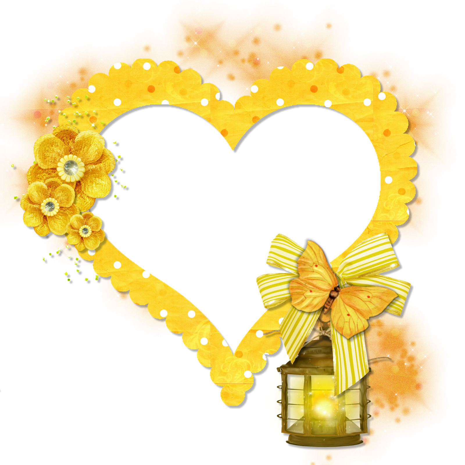 Golden Heart Framewith Flowersand Lantern PNG Image