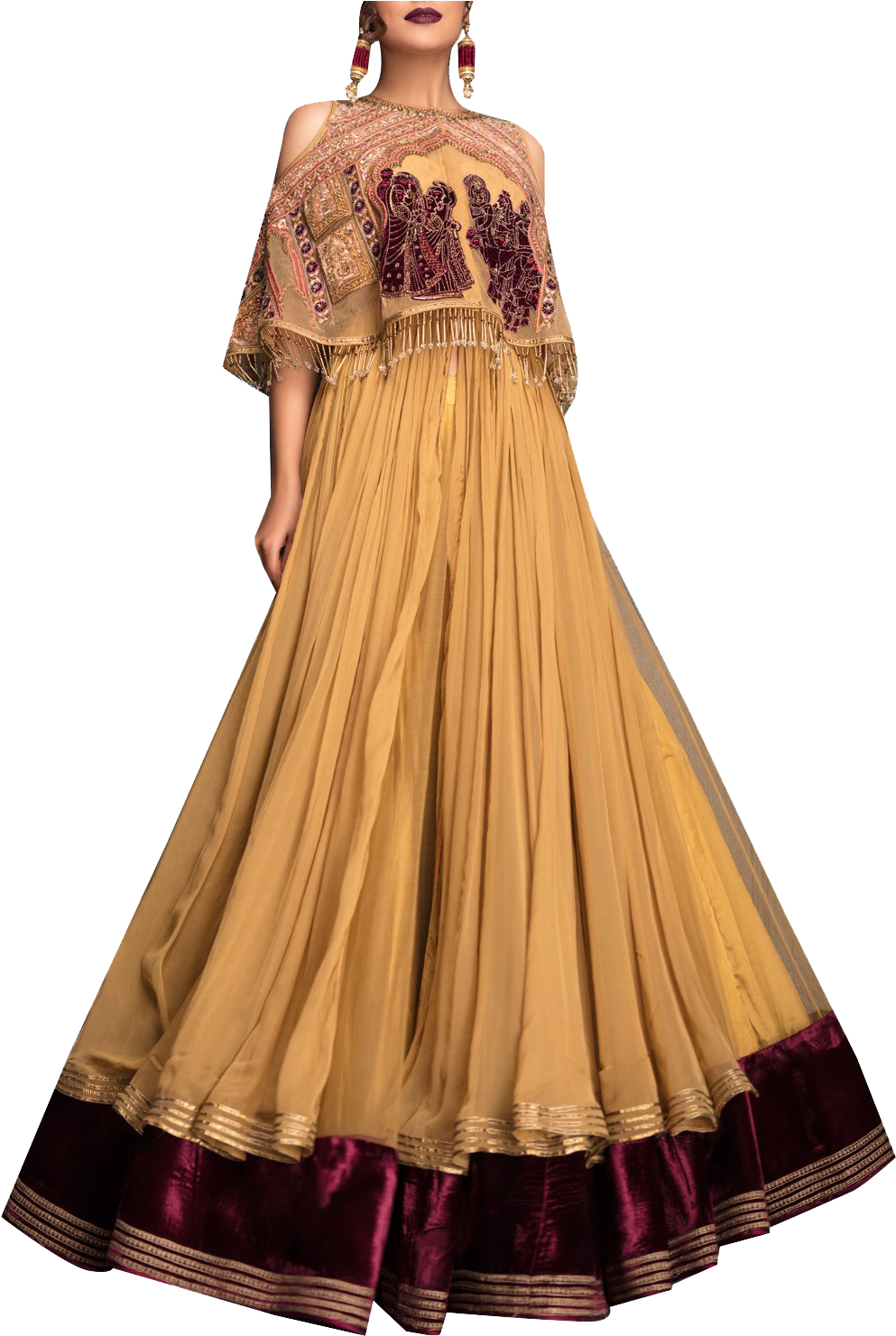 Golden Lehengawith Embroidered Blouse PNG Image