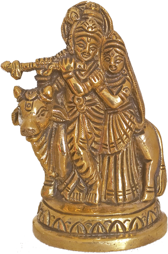 Golden Radha Krishnaon Cow Statue PNG Image