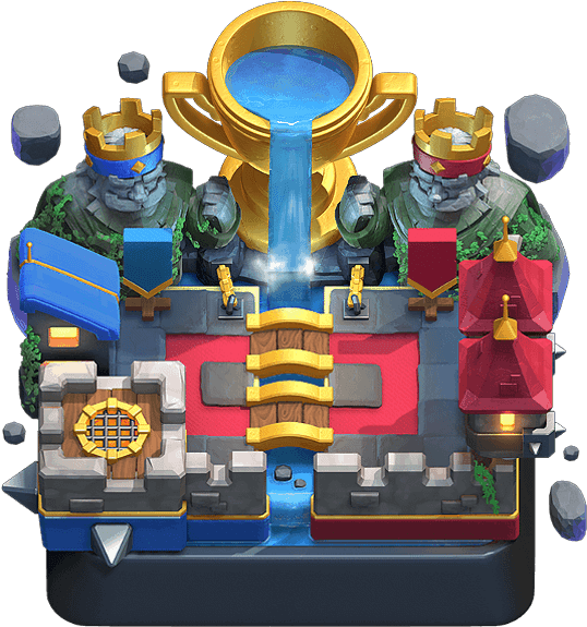 Golden Trophy Between Statues PNG Image