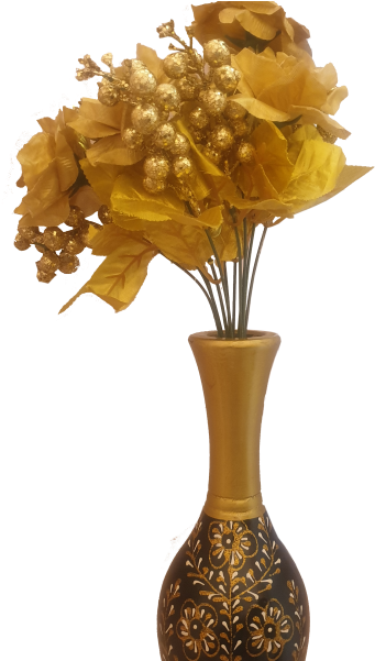 Golden Vasewith Artificial Flowers PNG Image