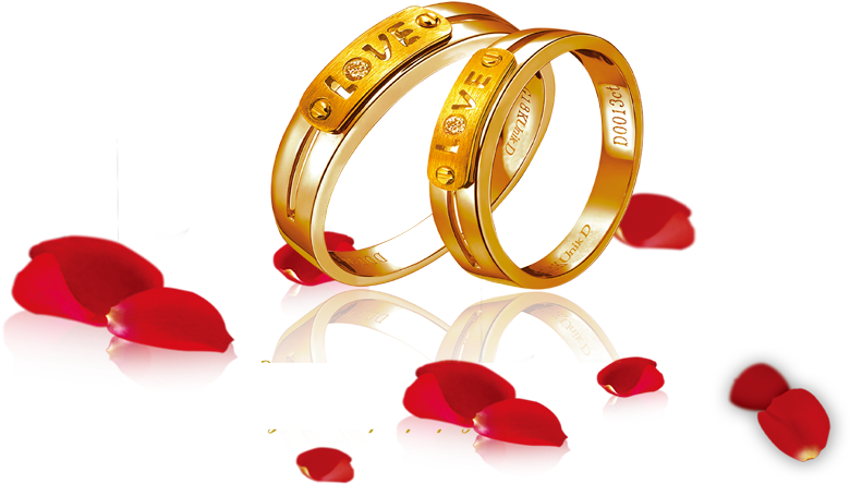 Golden Wedding Rings With Red Rose Petals Clipart PNG Image