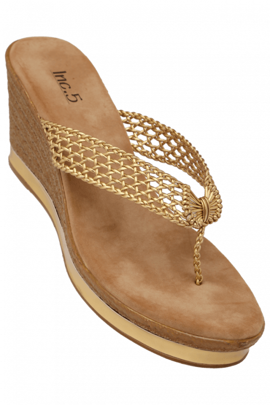 Golden Woven Wedge Chappal PNG Image