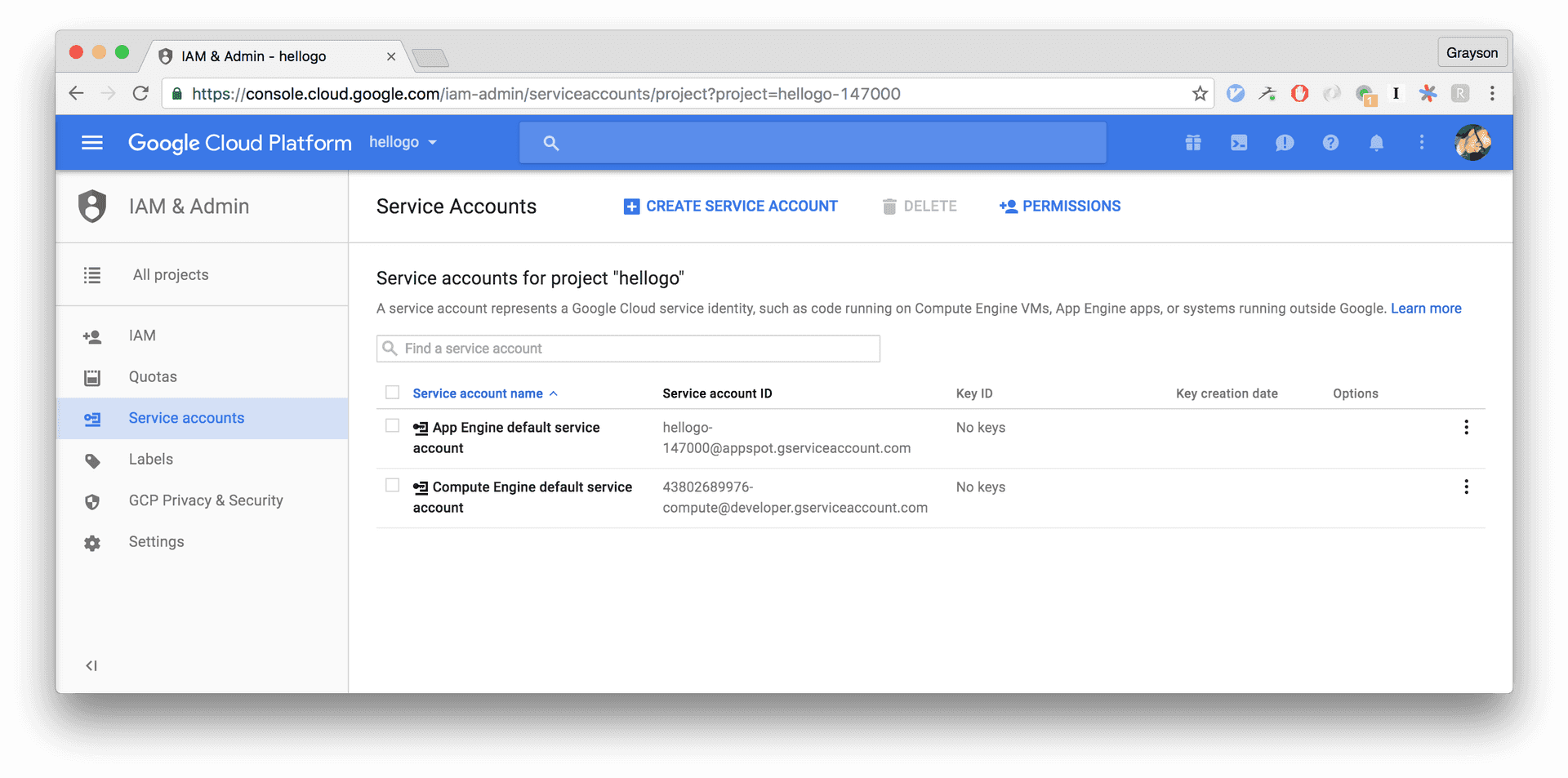 Google Cloud Service Accounts Screen PNG Image