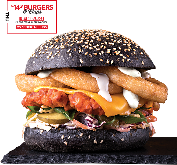 Gourmet Black Bun Burgerwith Beer Promo PNG Image