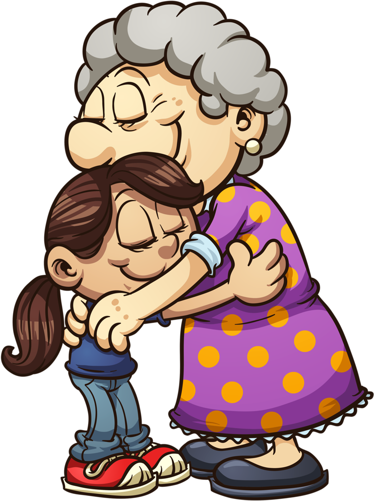 Grandmother Grandchild Embrace Cartoon PNG Image