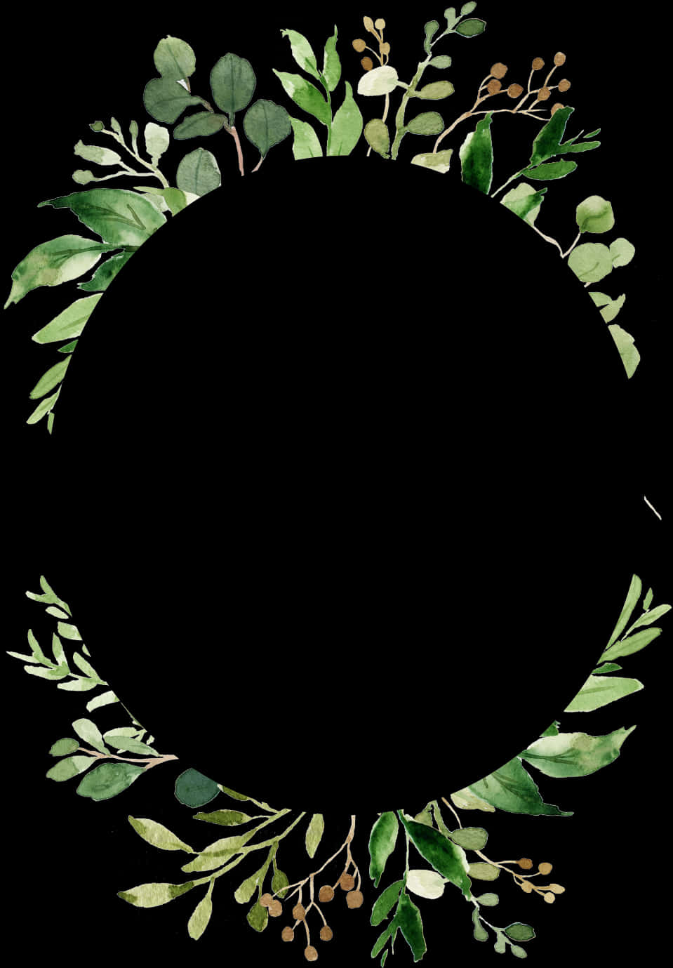 Green Foliage Circle Frameon Black Background PNG Image