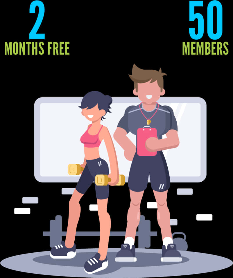 Gym Promotion Cartoon Fitness Couple PNG Image