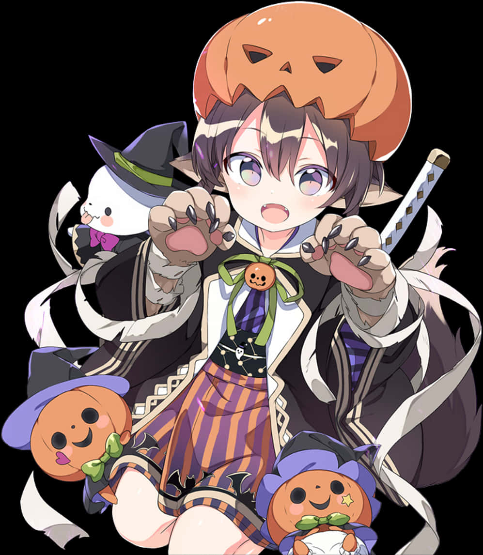 Halloween Anime Boywith Pumpkin Hatand Plushies PNG Image