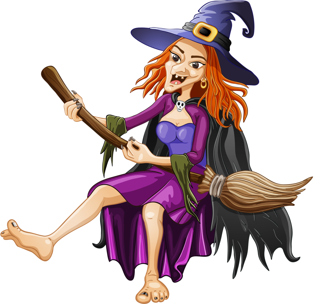 Halloween Witch Cartoon Flying Broomstick PNG Image