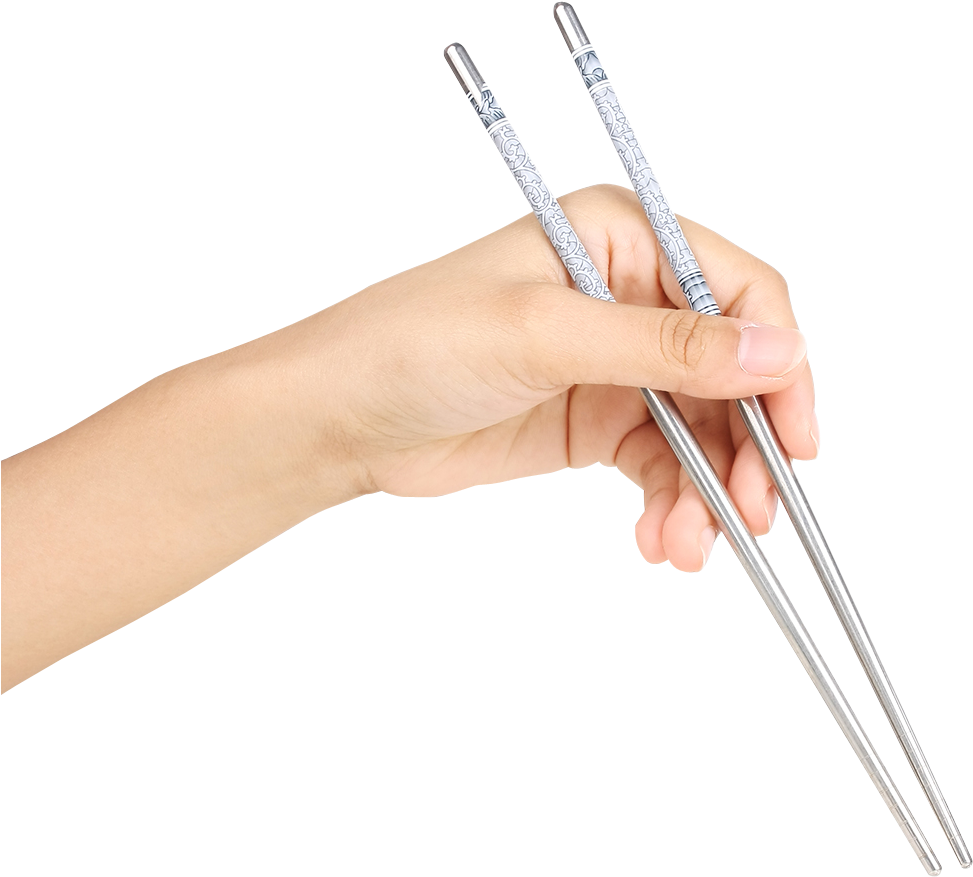 Hand Holding Metal Chopsticks PNG Image