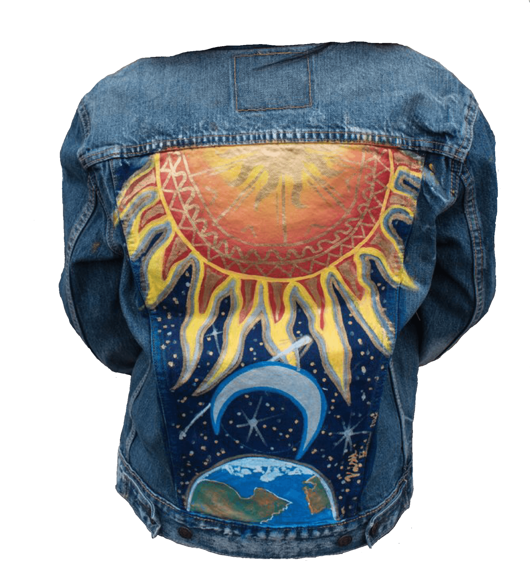 Hand Painted Sun Moon Earth Denim Jacket PNG Image