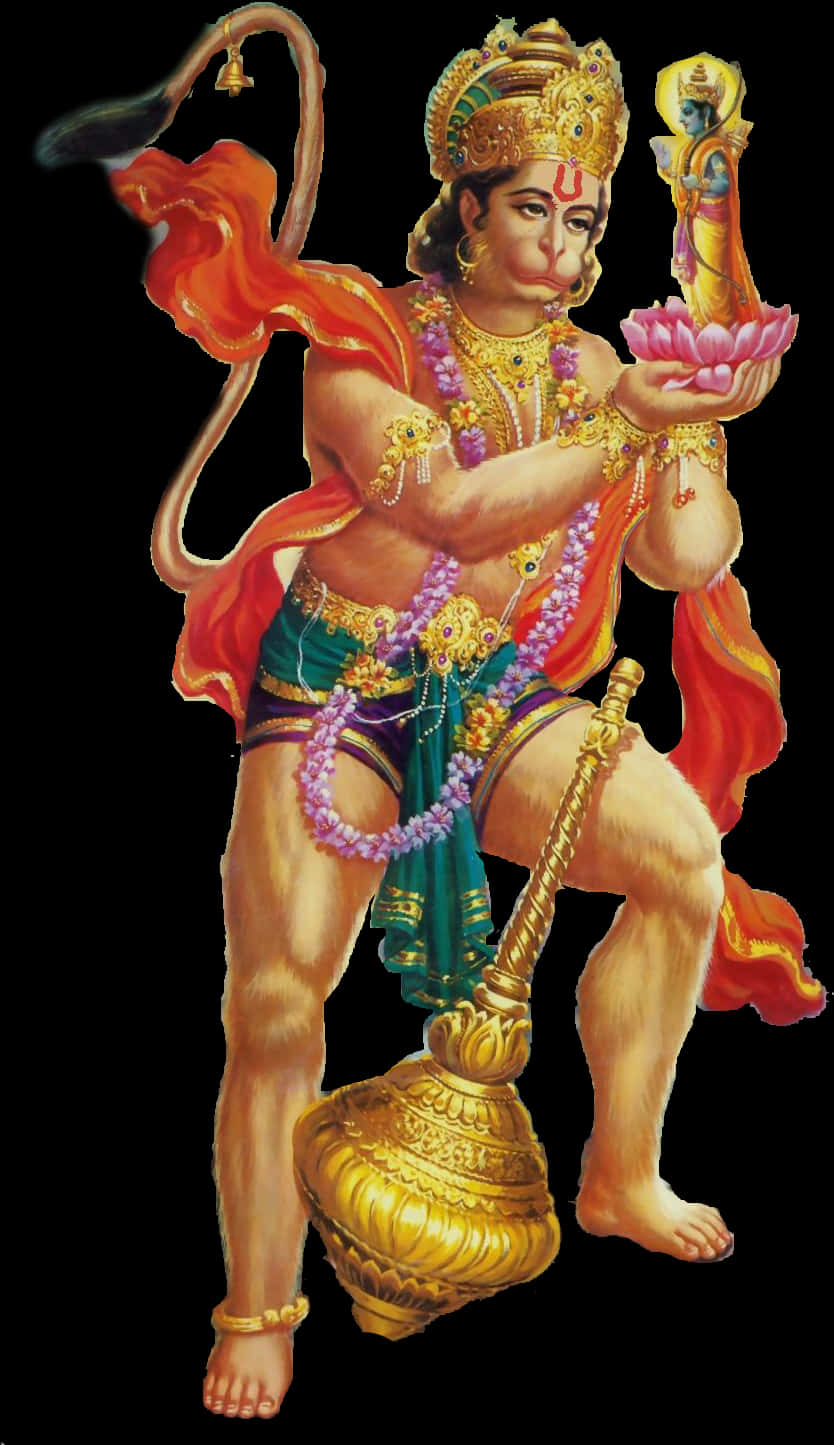 Hanuman Holding Lotusand Mace PNG Image