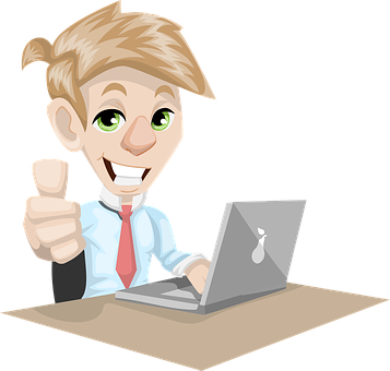 Happy Cartoon Businessman Laptop Thumbs Up PNG Image