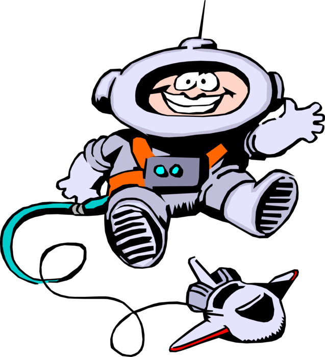 Happy Cartoon Spaceman Floating With Spaceship PNG Image