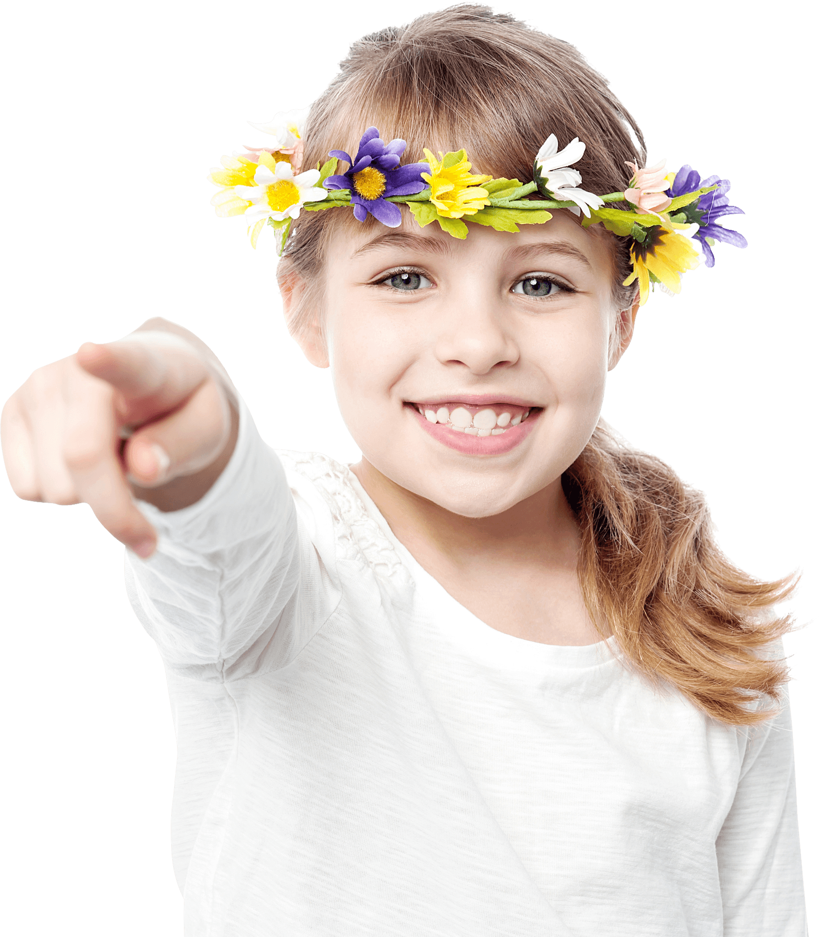 Happy Child Pointing With Flower Crown PNG Image
