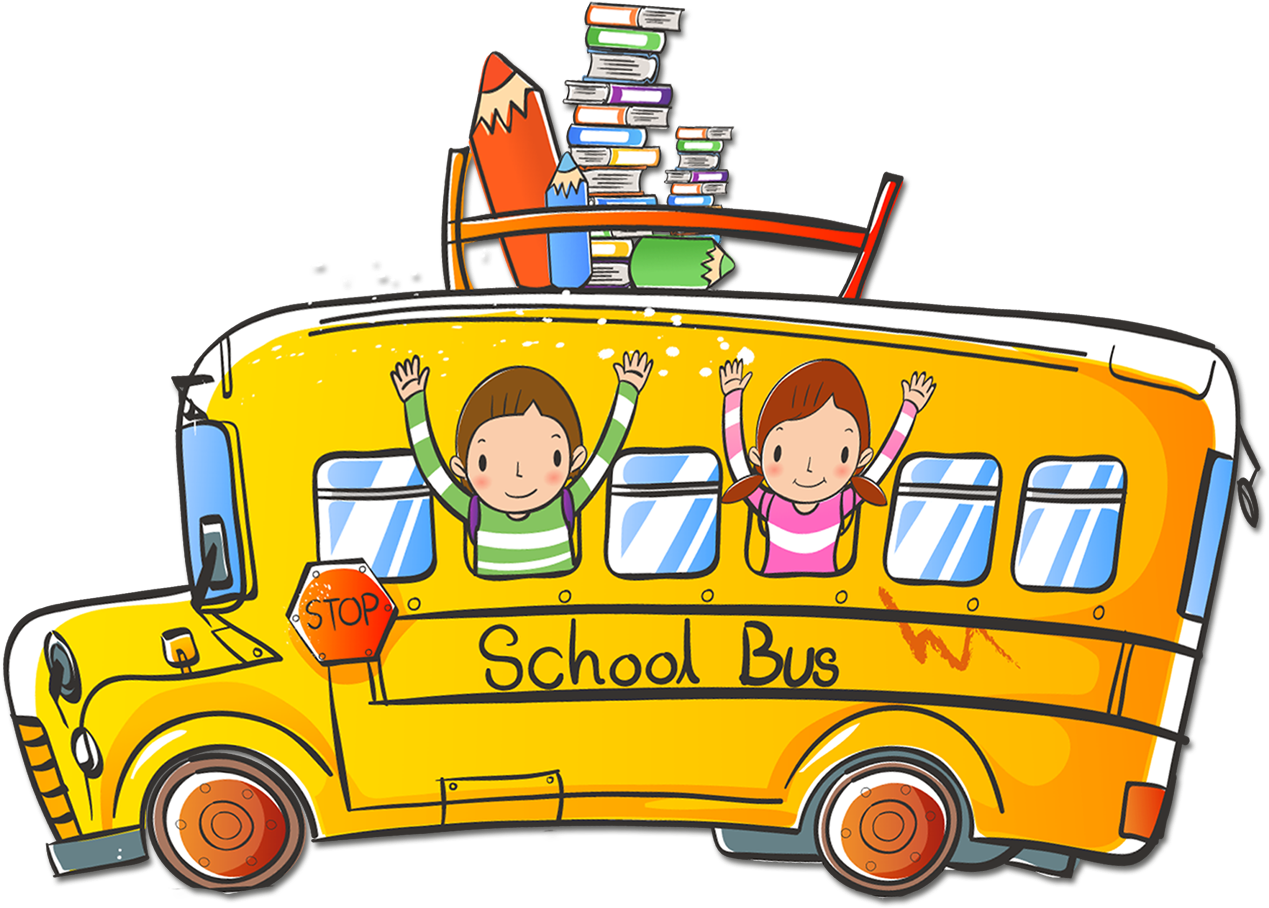 Happy Children Riding School Bus Cartoon PNG Image