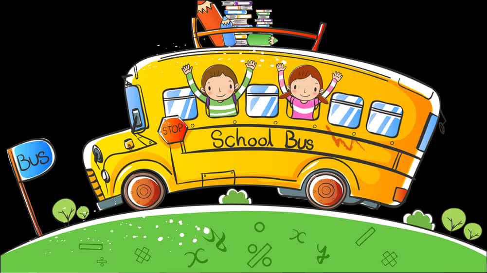 Happy Children Riding School Bus PNG Image