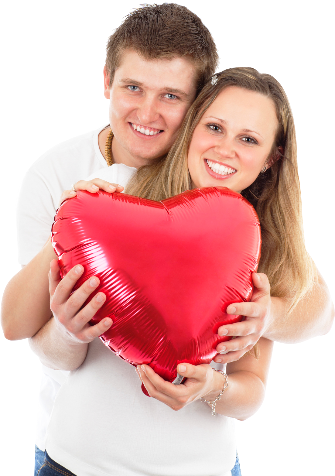 Happy Couple Holding Red Heart Balloon PNG Image