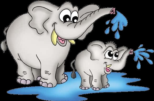 Happy Elephants Spraying Water PNG Image