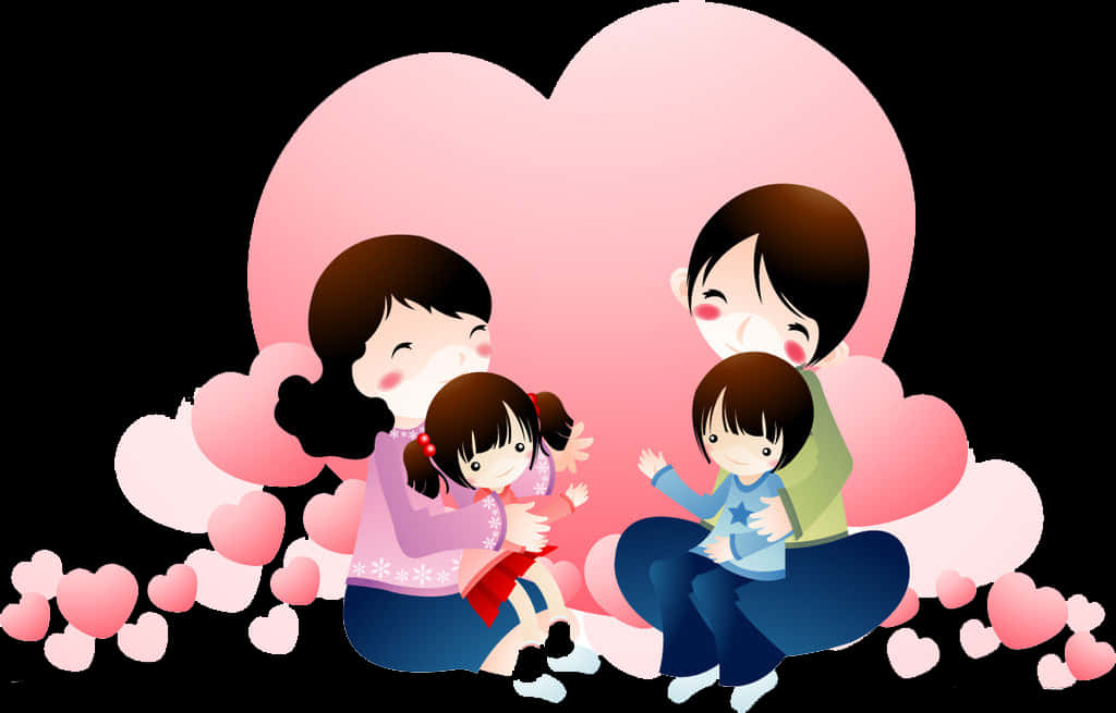 Happy Family Cartoon Heart Background PNG Image