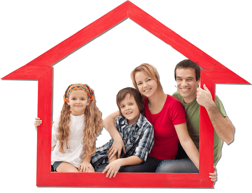 Happy Family In Red House Frame PNG Image