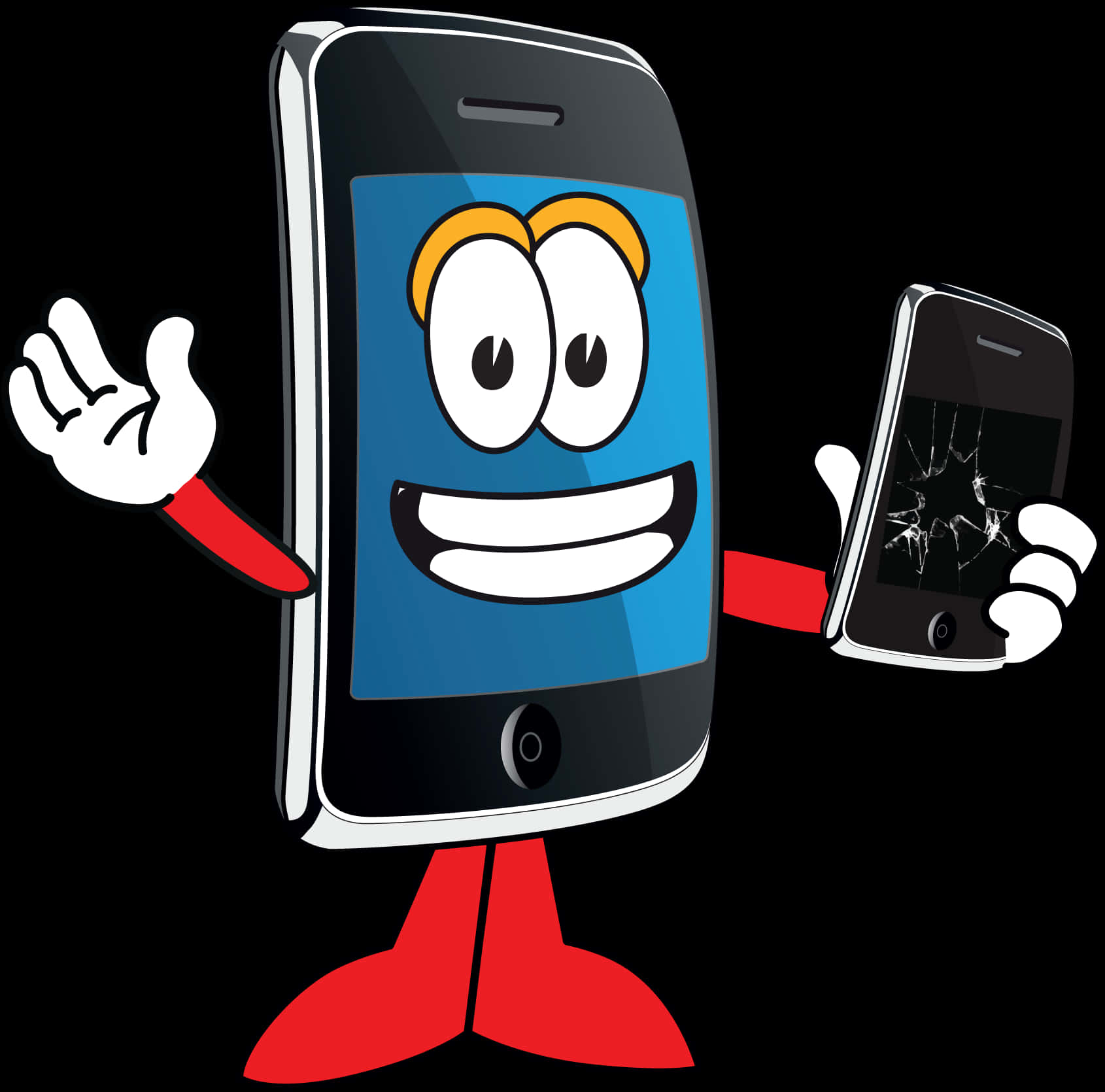 Happy Smartphone Cartoon Holding Cracked Phone PNG Image