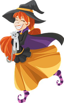 Happy Witch Holding Cat PNG Image