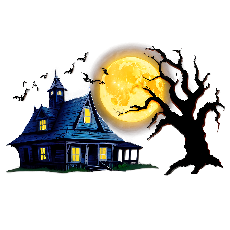 Haunted House Under Full Moon Png Hsw PNG Image