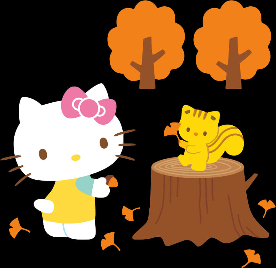 Hello Kittyand Friend Autumn Scene PNG Image