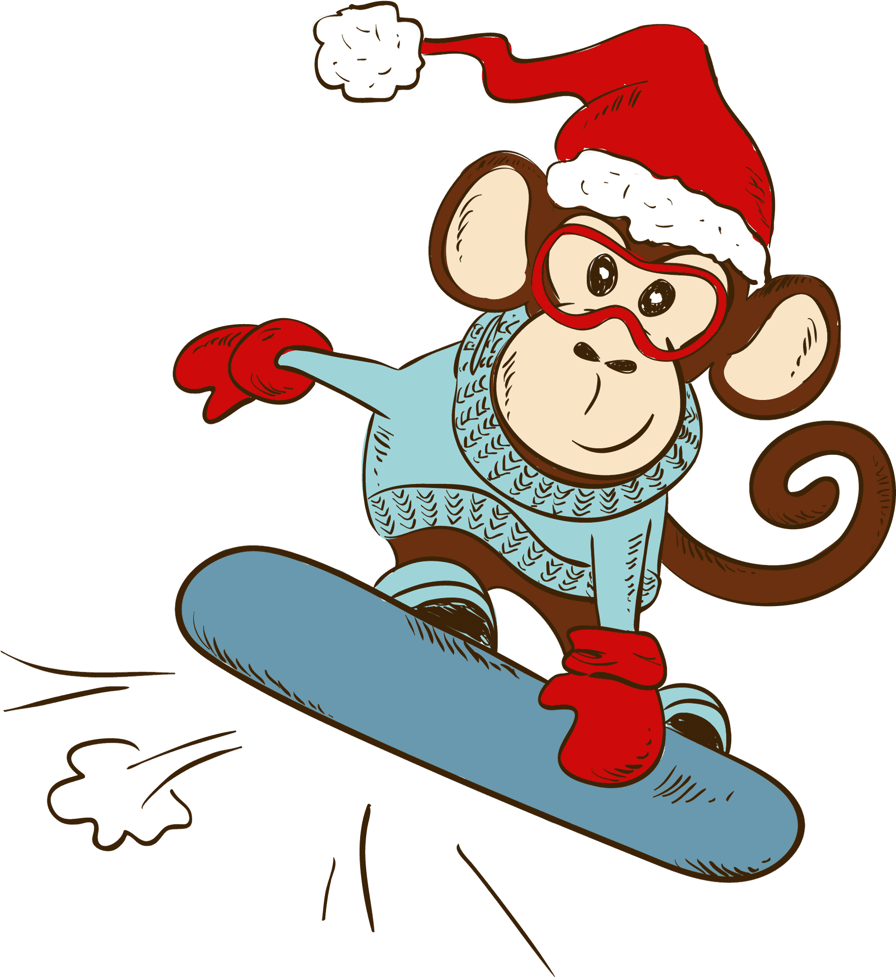 Holiday Monkey Snowboarding Cartoon PNG Image