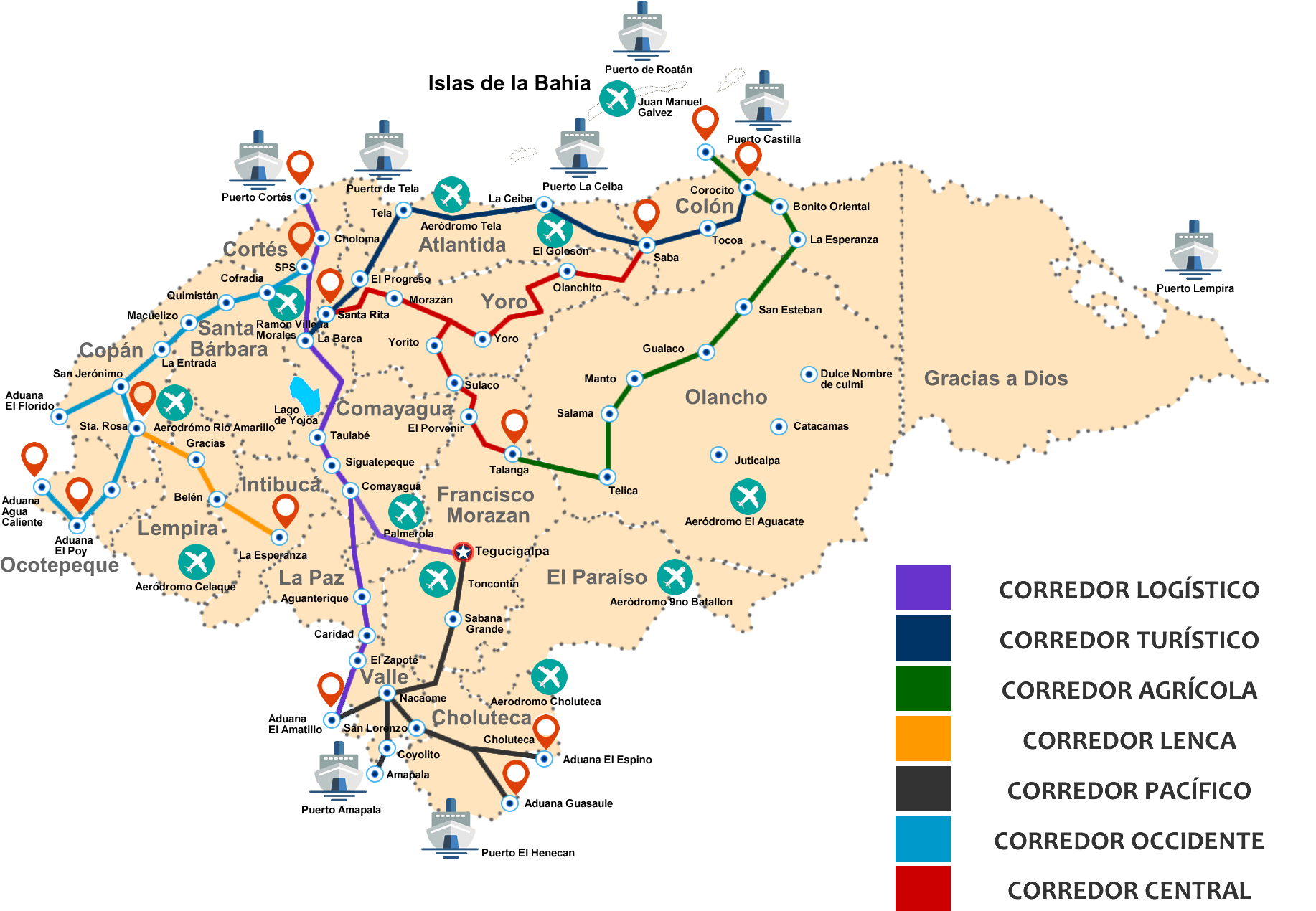 Honduras Infrastructure Corridors Map PNG Image