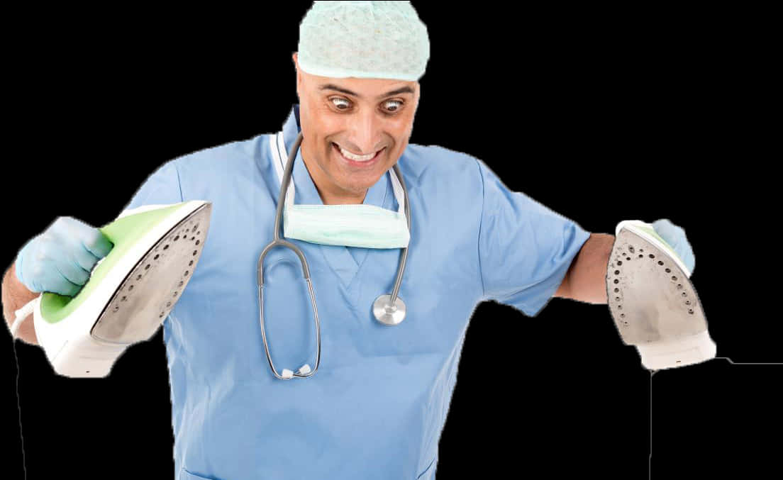 Humorous Doctorwith Irons PNG Image