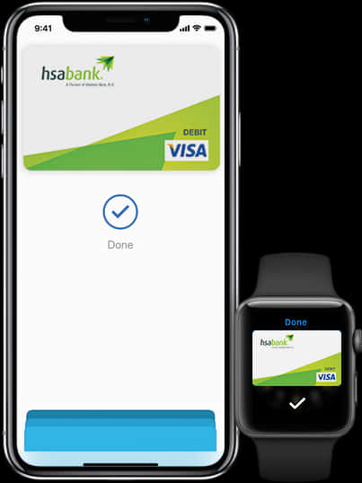 I Phoneand Apple Watch Displaying Debit Card PNG Image