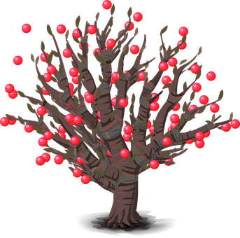 Illustrated Red Fruit Tree PNG Image