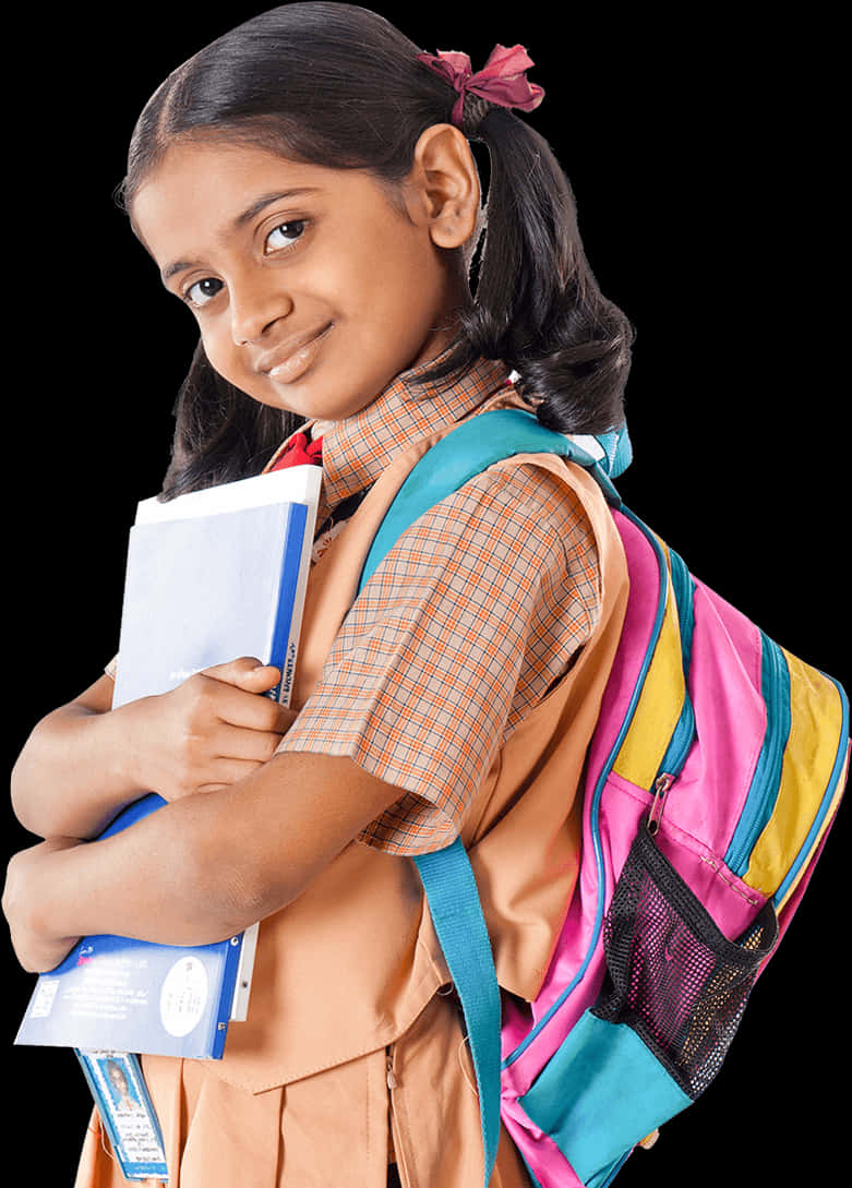 Indian Schoolgirl With Backpackand Books PNG Image