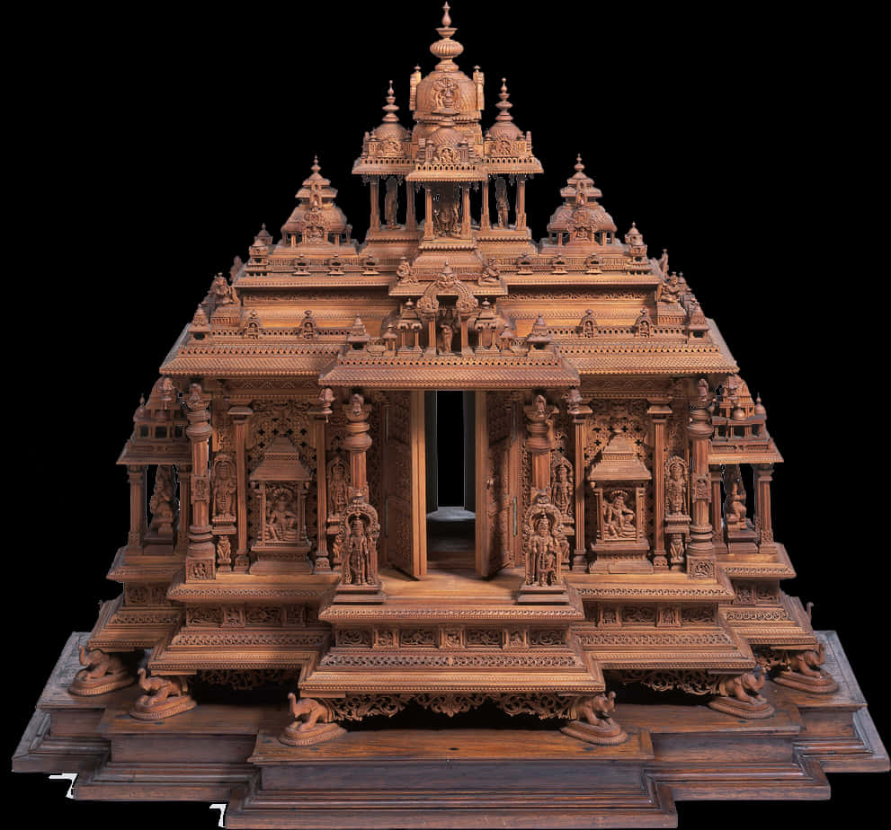 Intricate Wooden Hindu Temple Model PNG Image