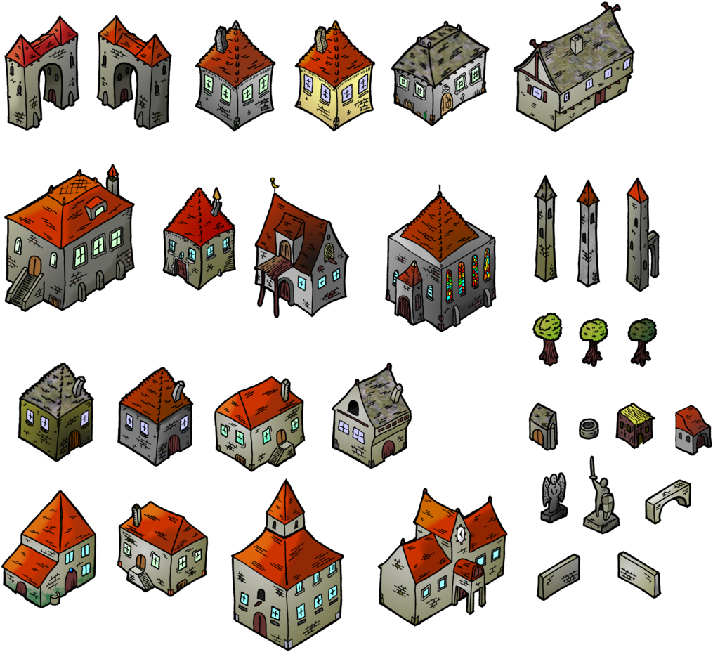 Isometric Medieval Buildingsand Objects PNG Image