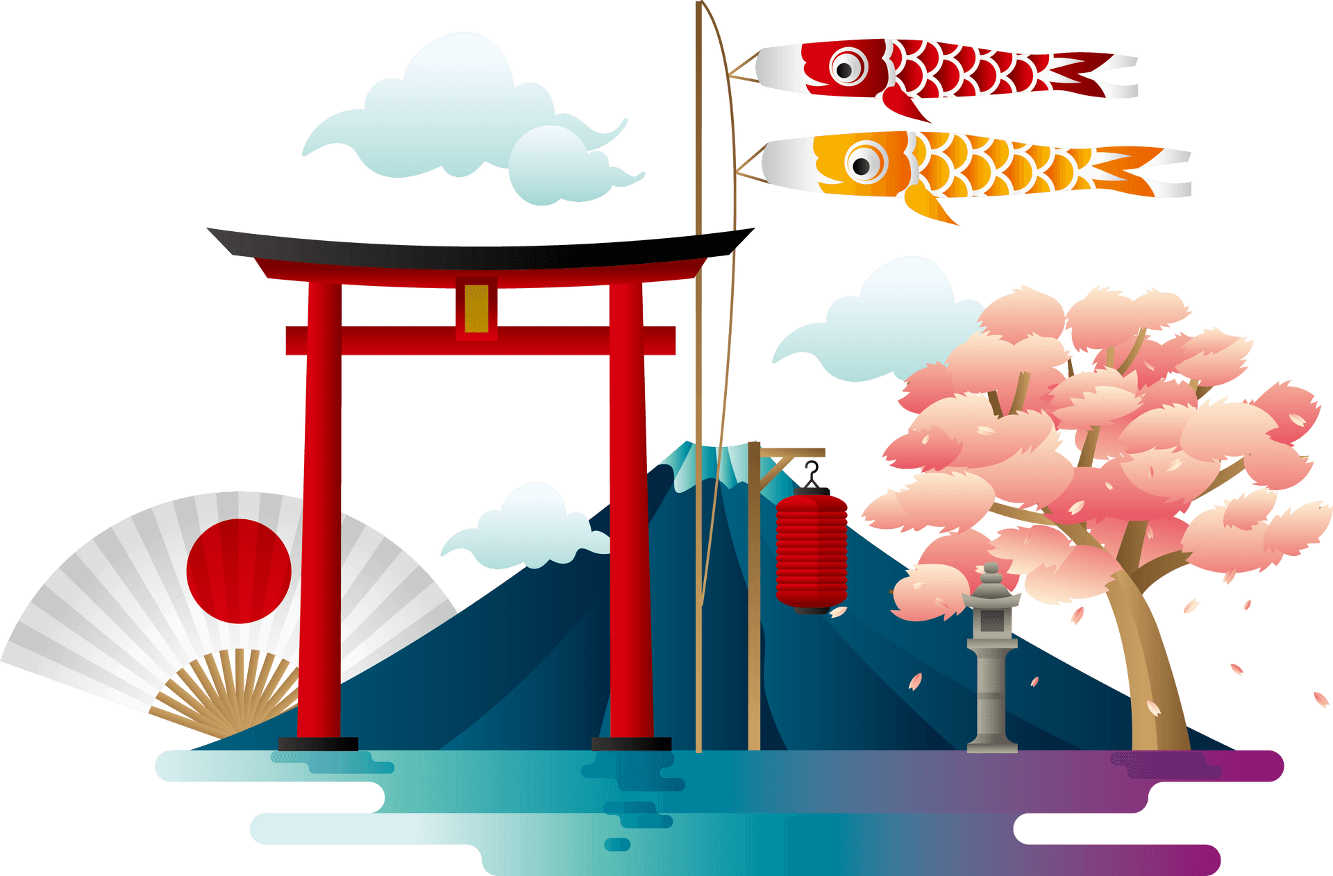 Japanese Cultural Symbolswith Mount Fuji Background PNG Image