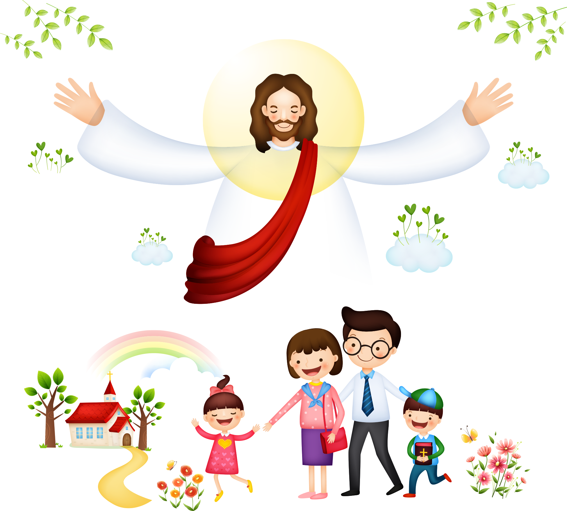 Jesus Welcoming Family Cartoon PNG Image