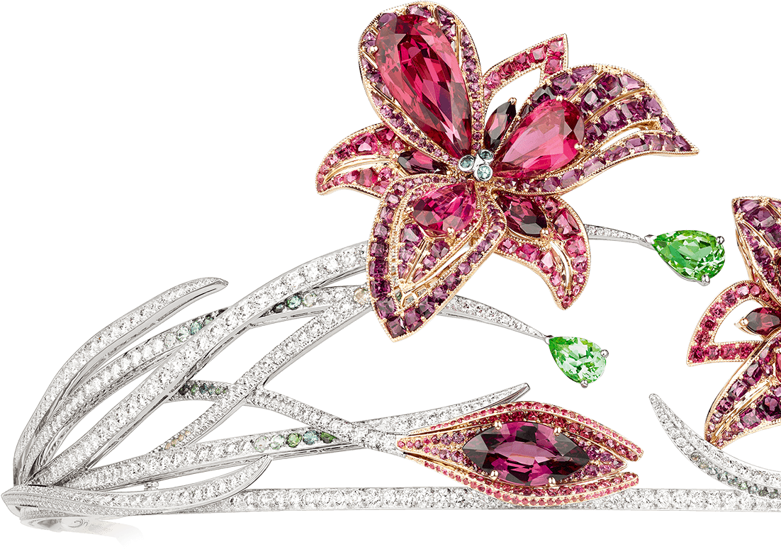 Jeweled Flower Brooch Pink Green Crystals PNG Image